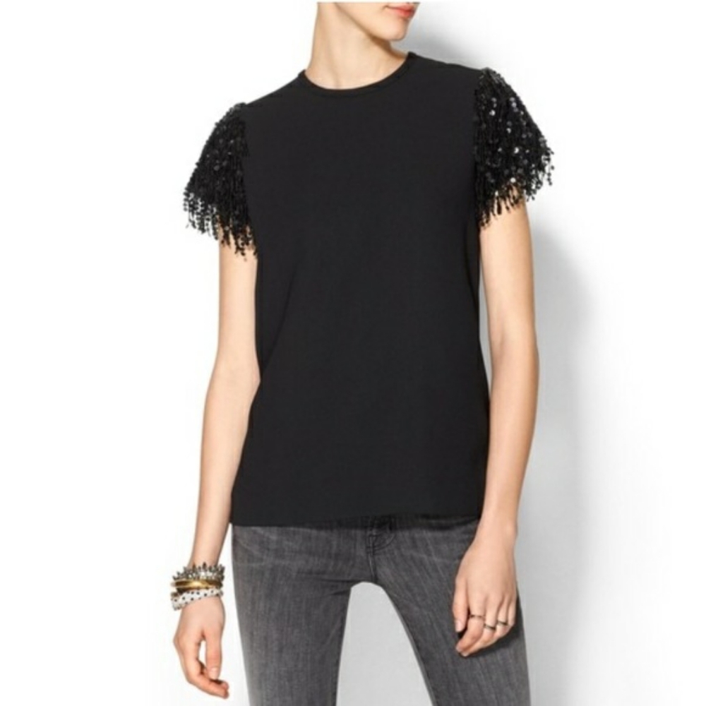 KATE SPADE BLACK SEQUIN FRINGE CREPE TEE SZ 4